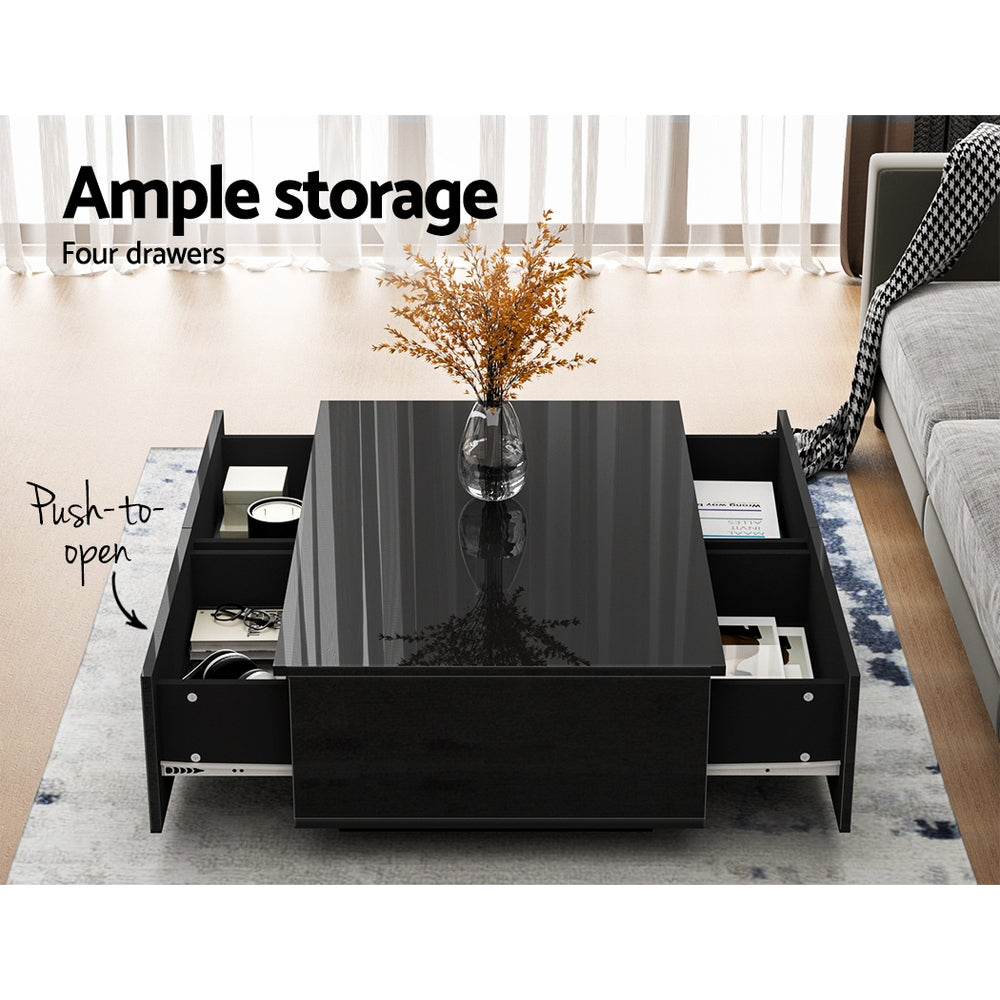 Modern High Gloss Coffee Table 4 Storage Drawers - Black - Homecoze