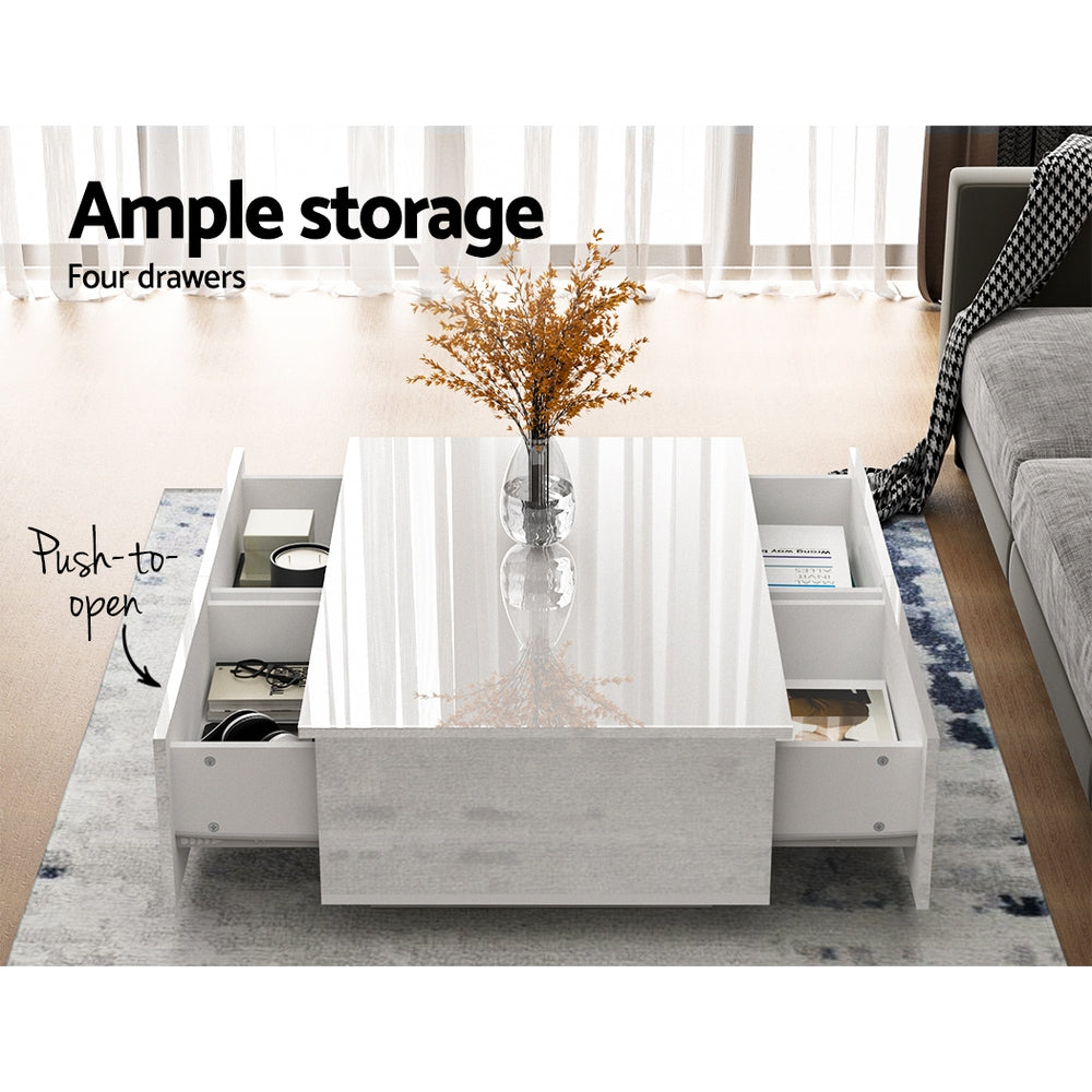 Modern High Gloss Coffee Table with 4 Storage Drawers - White - Homecoze