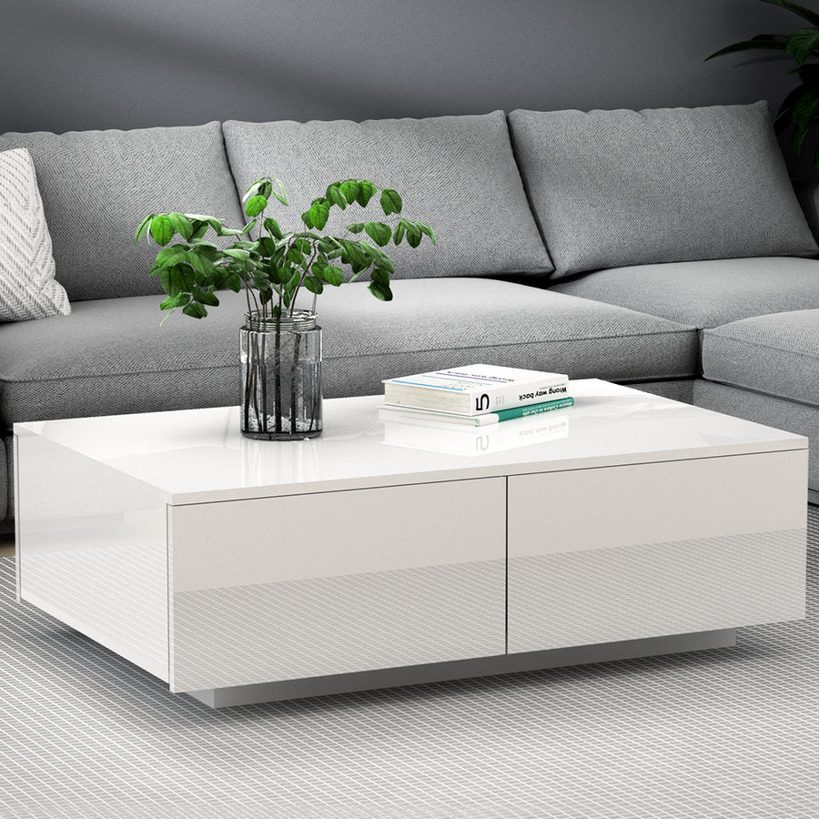 Modern High Gloss Coffee Table with 4 Storage Drawers - White Homecoze