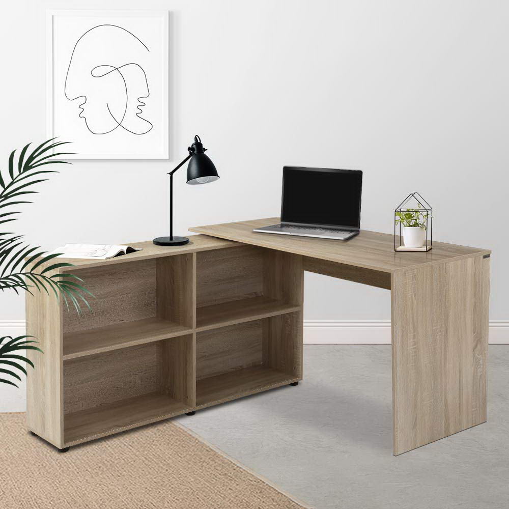 Corner Office Computer Desk Workstation with Bookcase Storage - Oak Homecoze