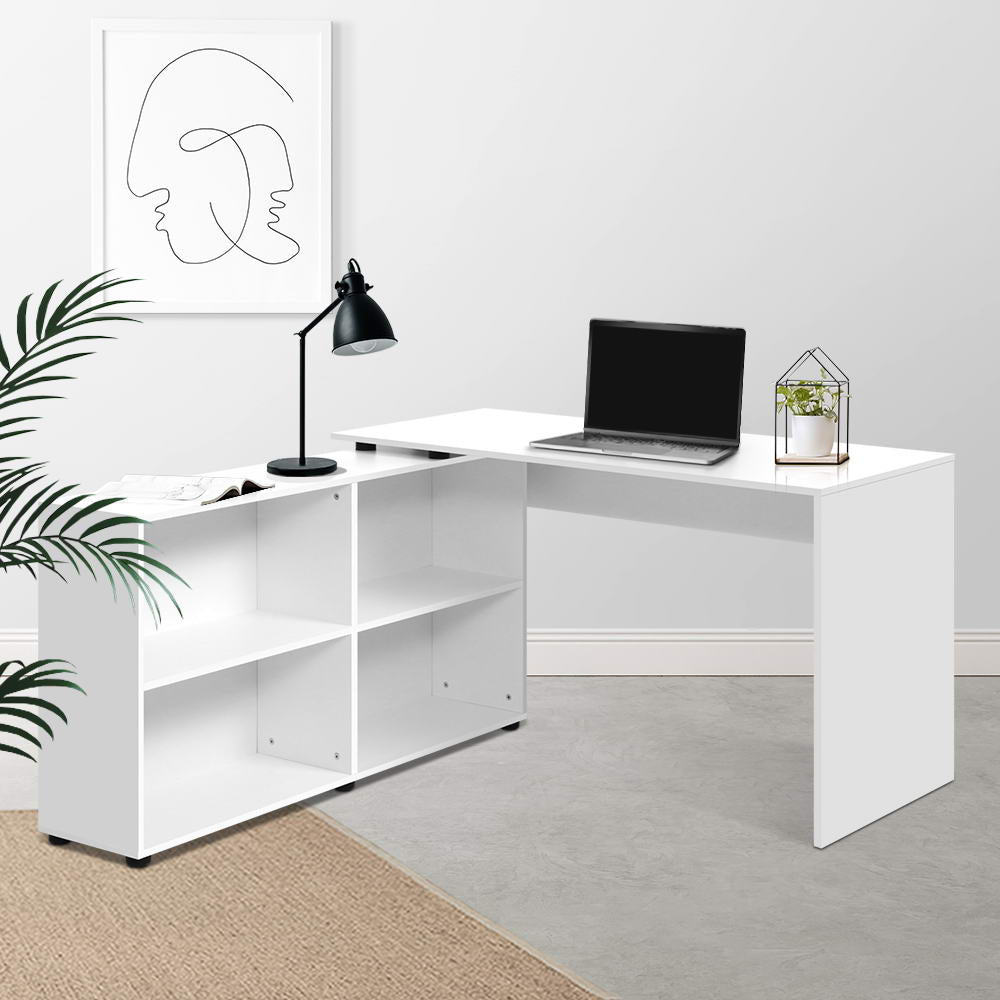 Corner Office Computer Desk Workstation with Bookcase Storage - White Homecoze