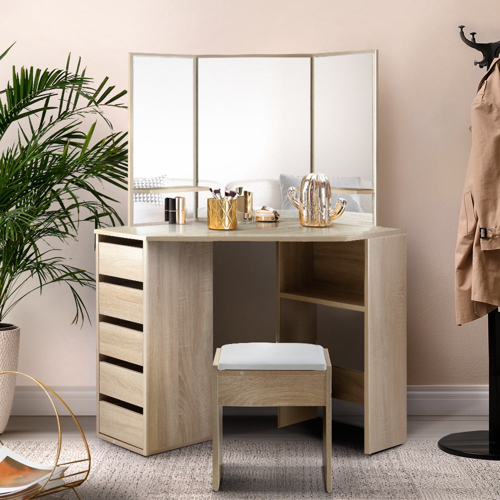 Corner Dressing Table with Storage Drawers, Mirror & Stool - Natural Oak Homecoze
