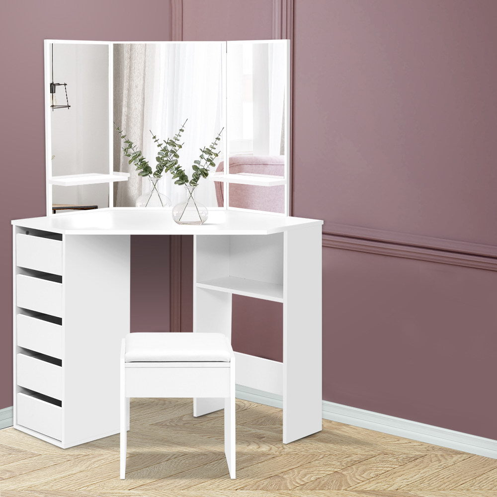 Corner Storage Dressing Table with Mirror & Stool - White Homecoze