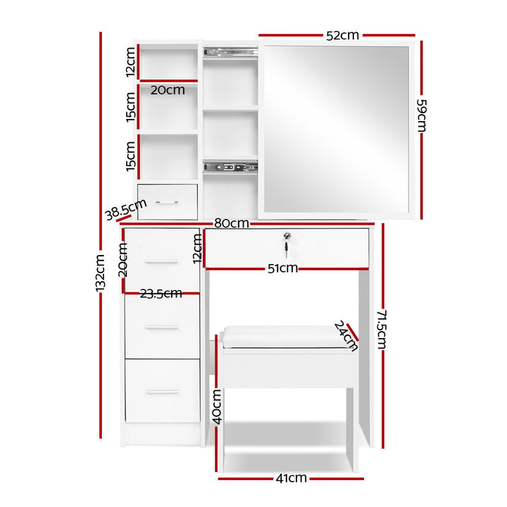 Dressing Table with Sliding Mirror Storage & Stool - White Homecoze