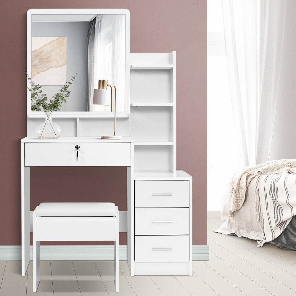 Dressing Table Storage Unit with Lockable Drawer & Stool - White Homecoze