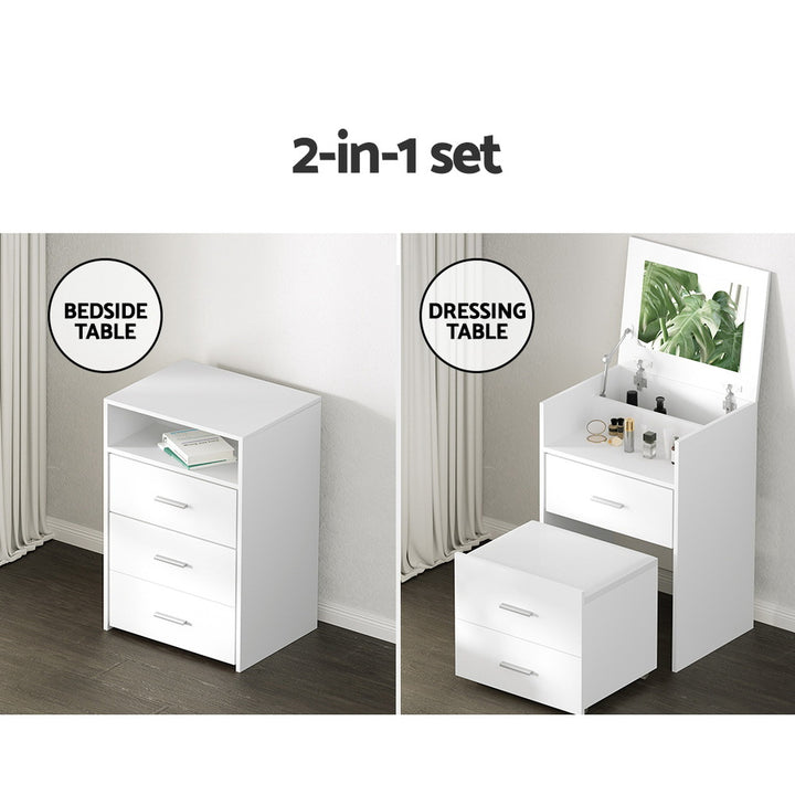 Compact 2-in-1 Dressing Bedside Table Hidden Mini Makeup Mirror with Storage Drawers Stool Homecoze