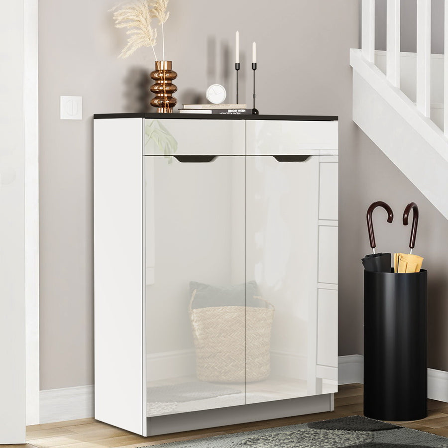 Shoe Storage Cupboard with 2 Drawers - High Gloss White Homecoze