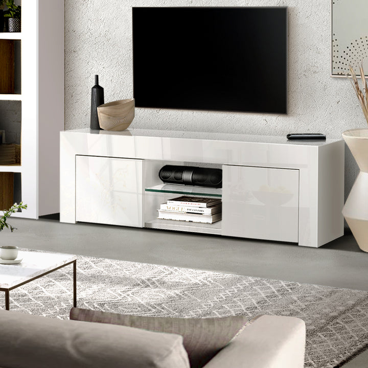 High Gloss White Entertainment Unit with Tempered Glass Shelf 130cm Homecoze