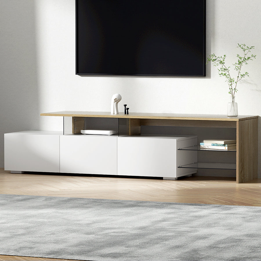 Modern TV Cabinet Entertainment Unit with Shelves & Drawers 180cm - White & Wood Homecoze