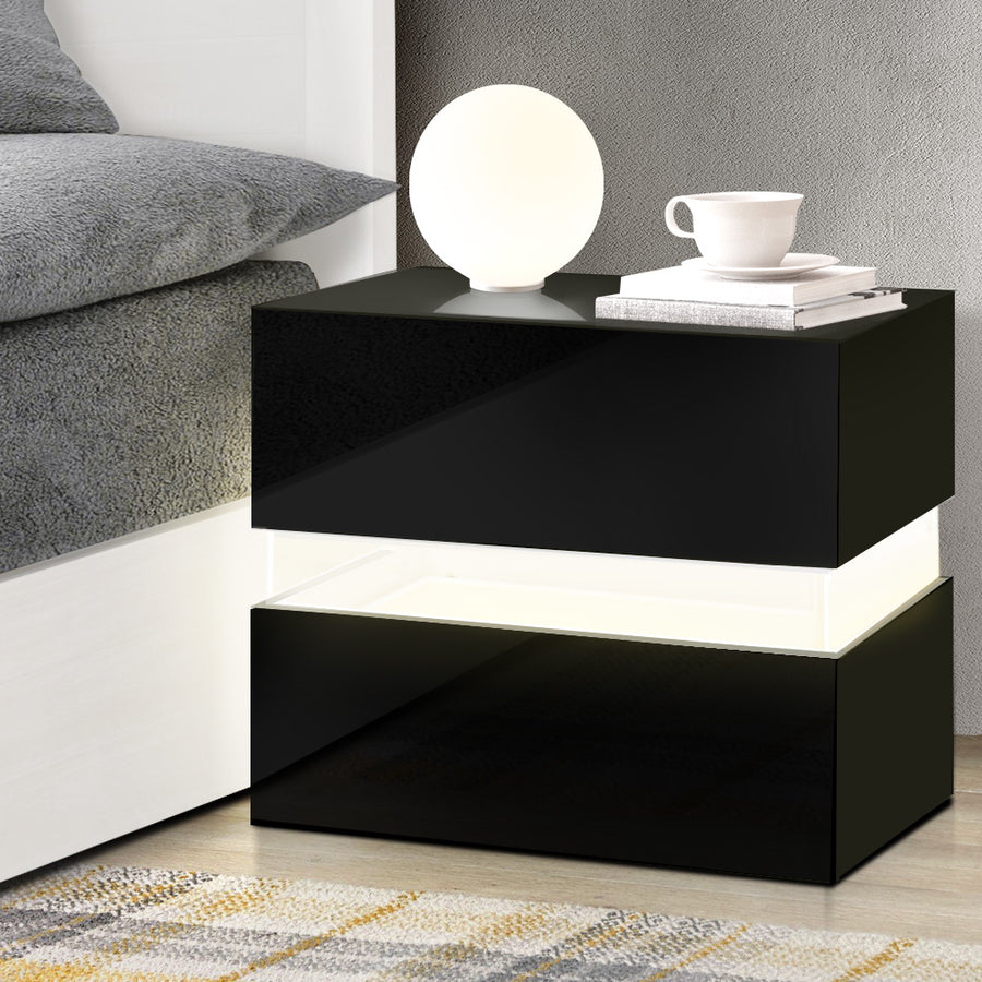 High Gloss 2 Drawers Bedside Table with Inbuilt RGB LED Light - Gloss Black Homecoze