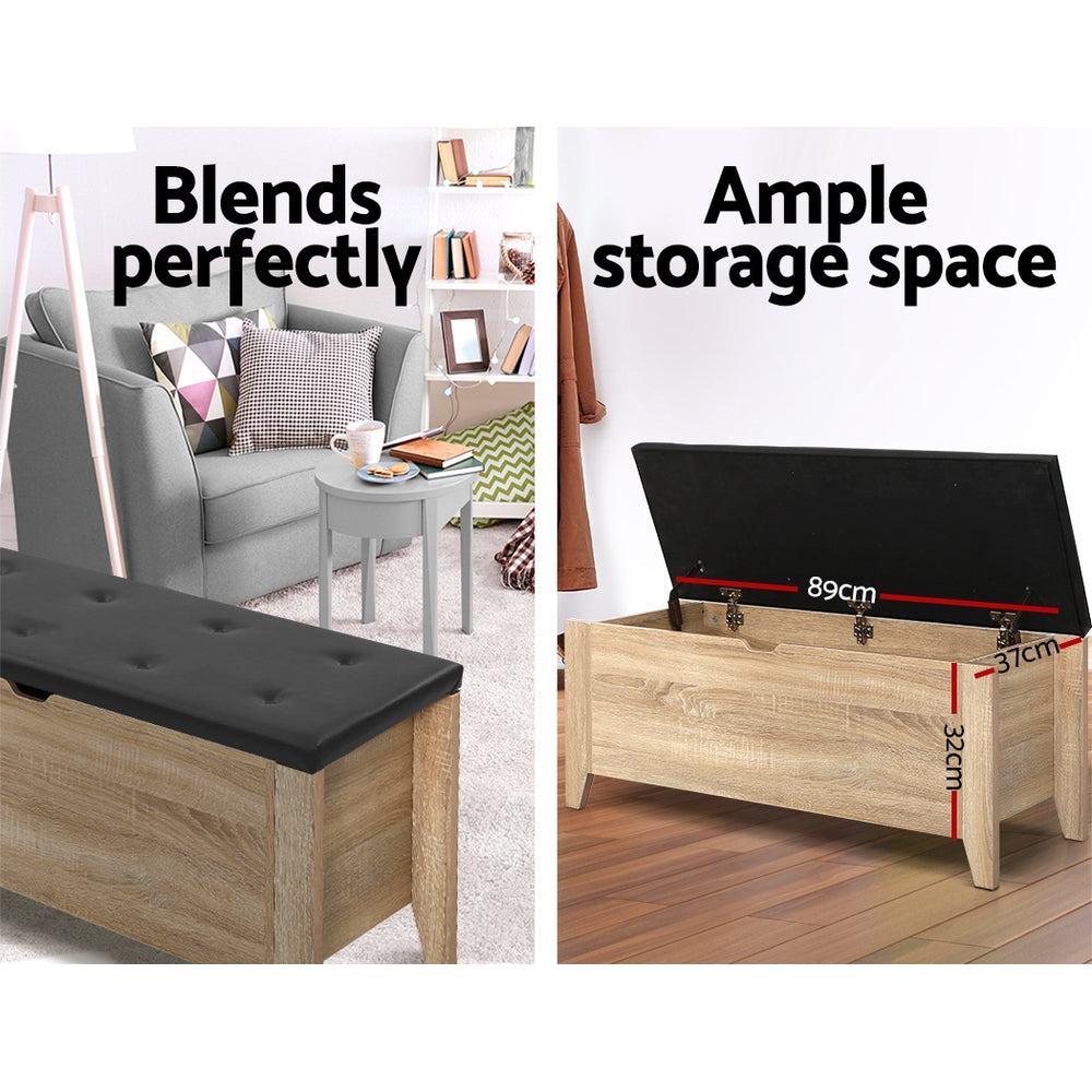 Wooden Storage Ottoman Blanket Box with PU Leather Bench - Oak Homecoze