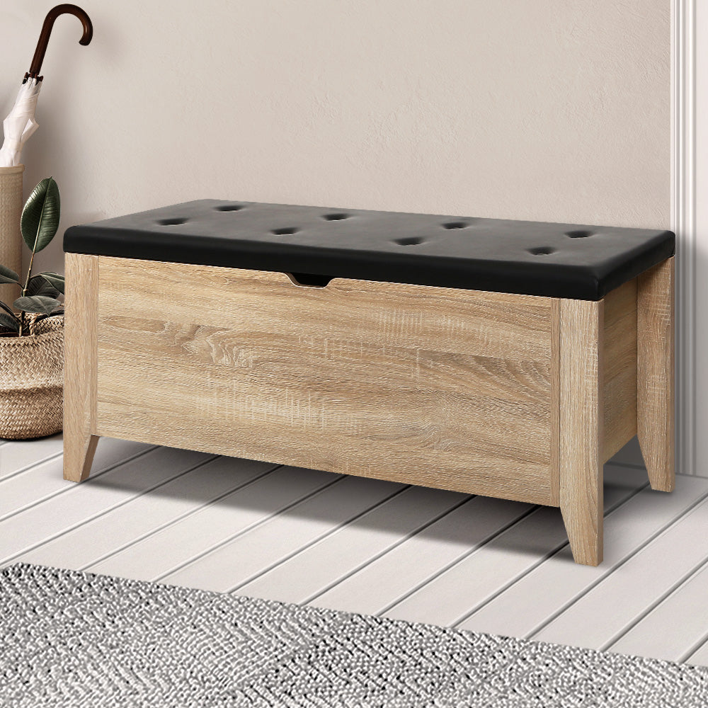 Wooden Storage Ottoman Blanket Box with PU Leather Bench - Oak Homecoze