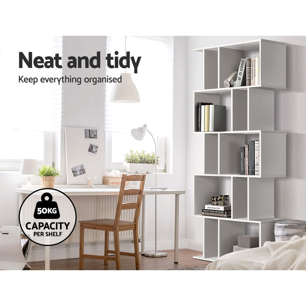 Bookshelf 5-tier Zig Zag Style White - Homecoze