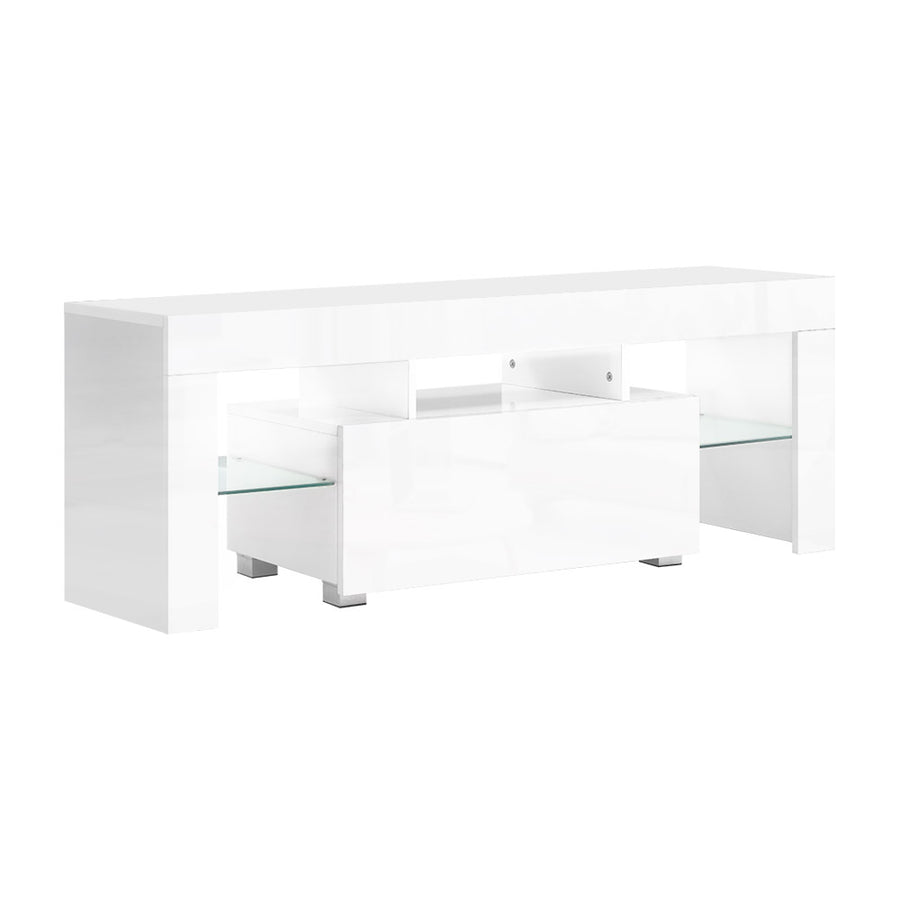 High Gloss White RGB LED Entertainment Unit with Tempered Glass Shelves 130cm Homecoze