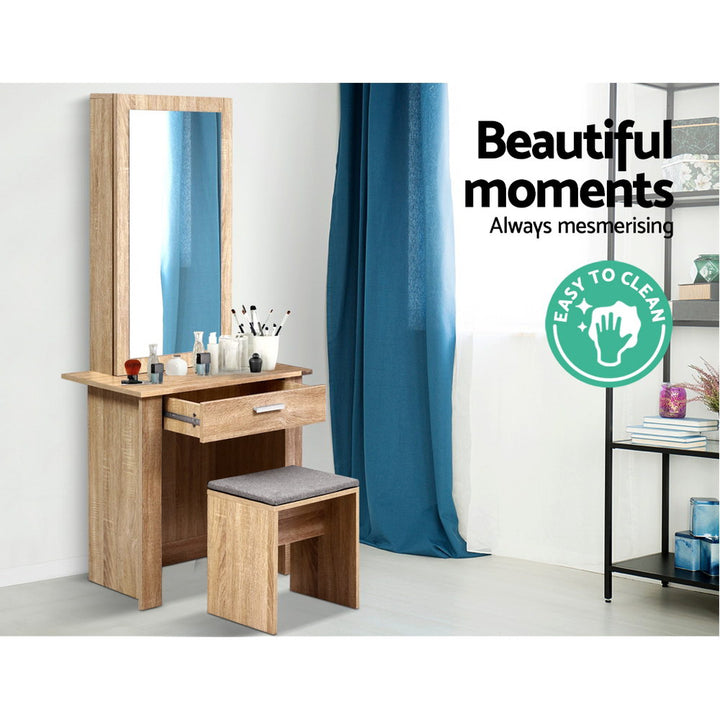 Mirrored Dressing Table and Stool Set with Sliding Mirror Vanity Makeup Desk Organizer - Oak Homecoze