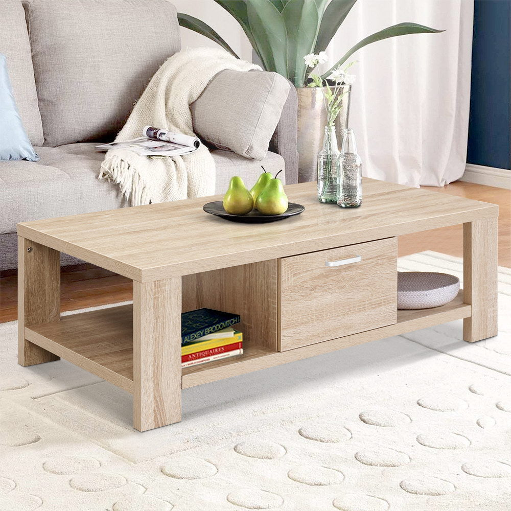 Coffee Table with Wooden Shelf & Storage Drawer - Oak Homecoze