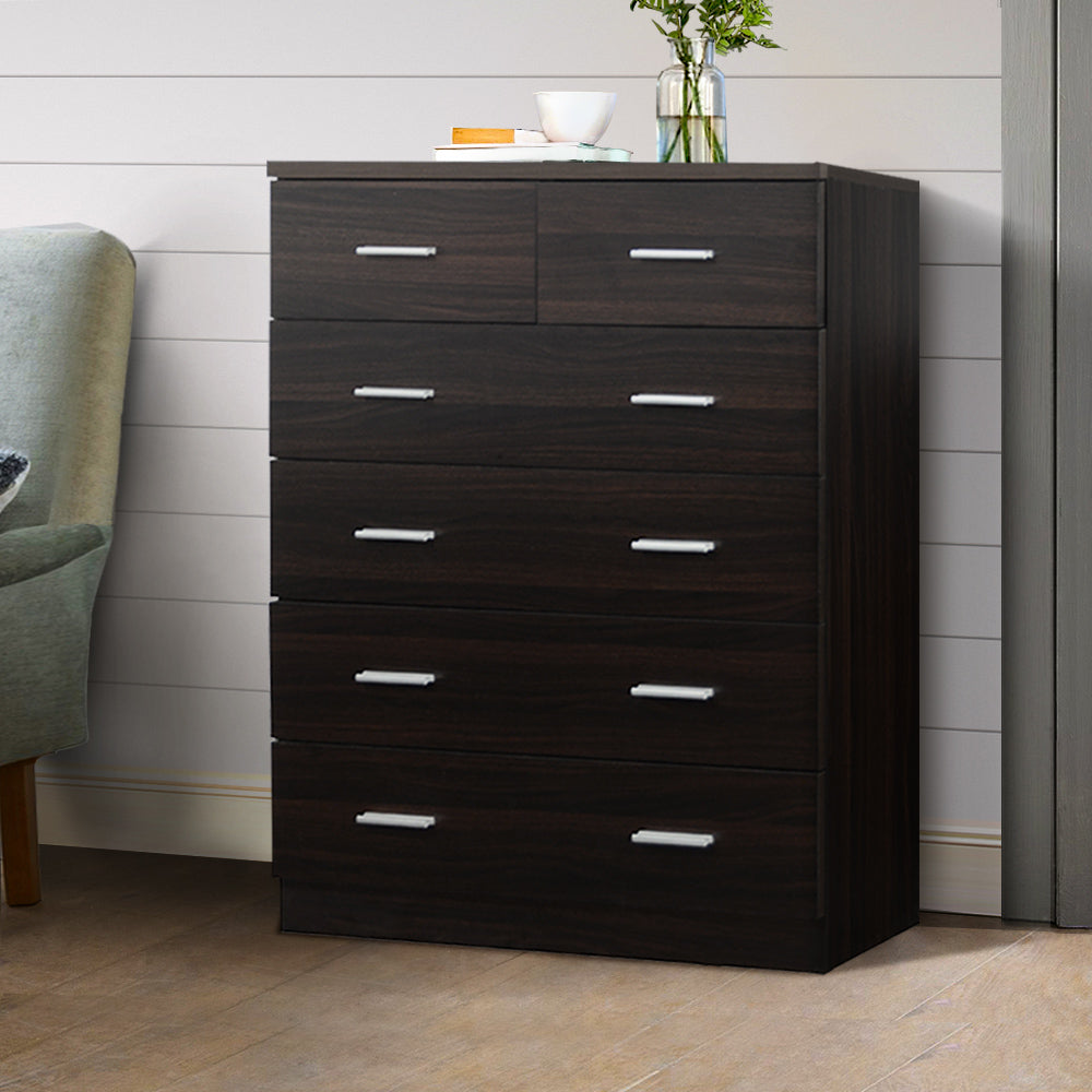 Contemporary Tallboy 6 Drawers Storage Cabinet - Walnut Homecoze