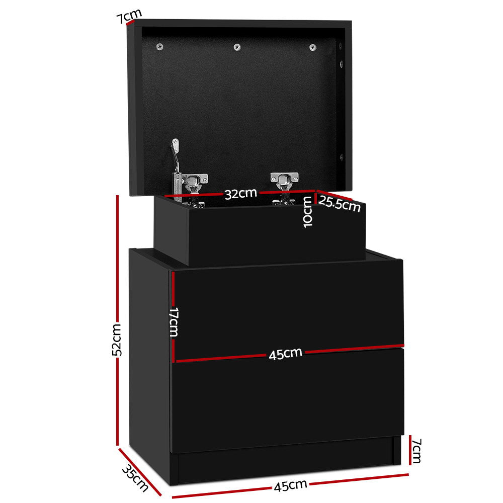 2 Drawer Bedside Table with Top Storage Compartment - Black Homecoze