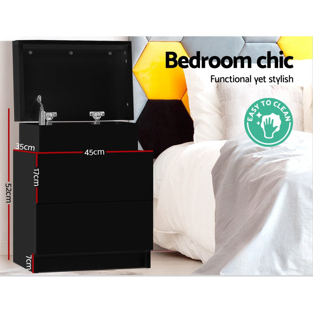 2 Drawer Bedside Table with Top Storage Compartment - Black Homecoze