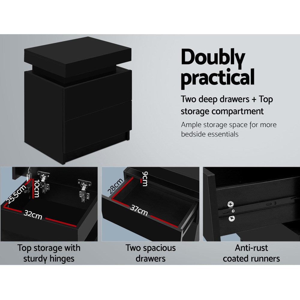 2 Drawer Bedside Table with Top Storage Compartment - Black Homecoze