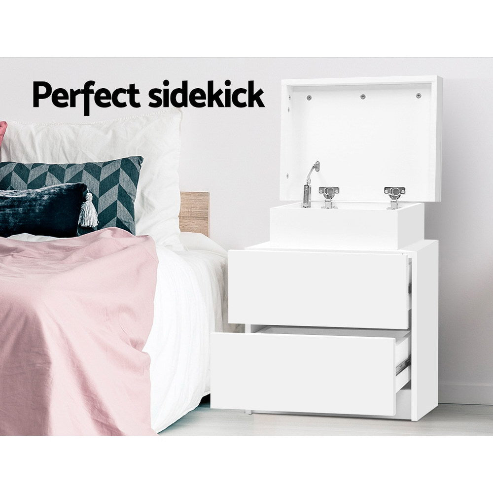 2 Drawer Bedside Table with Top Storage Compartment - White Homecoze