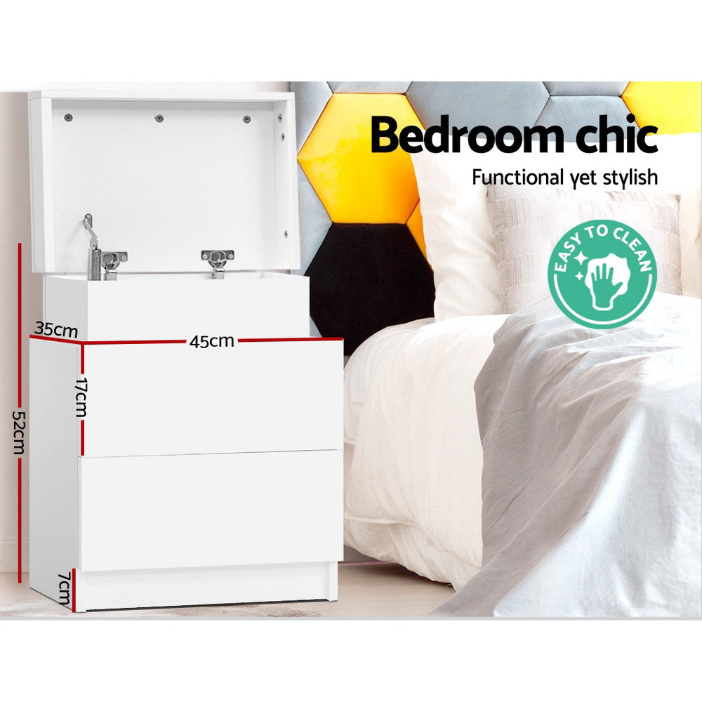 2 Drawer Bedside Table with Top Storage Compartment - White Homecoze