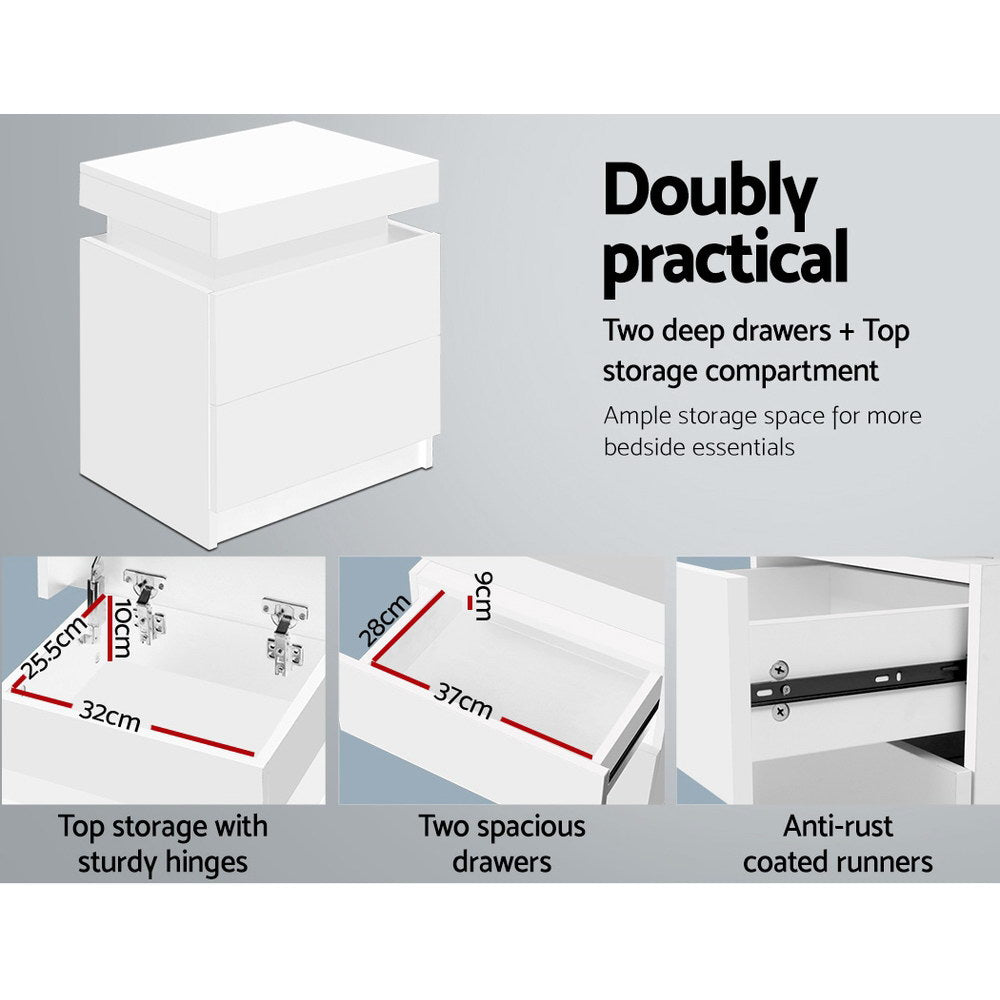 2 Drawer Bedside Table with Top Storage Compartment - White Homecoze