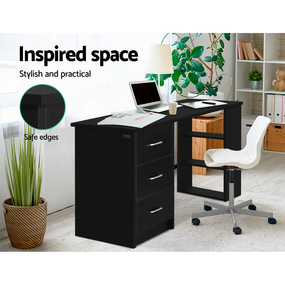 Office Computer Desk Workstation with Shelf & 3 Drawers 120cm Black Homecoze