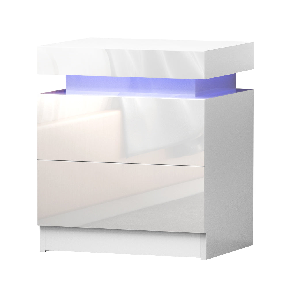 High Gloss Bedside Table with Inbuilt RGB LED Light - Gloss White Homecoze