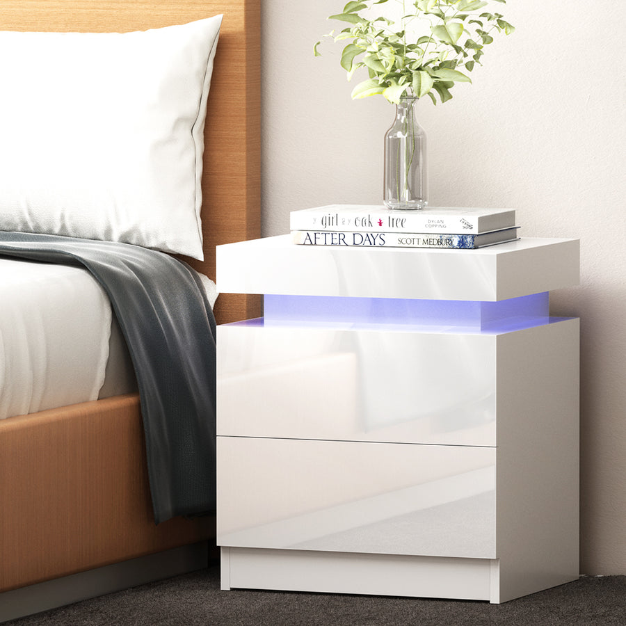 High Gloss Bedside Table with Inbuilt RGB LED Light - Gloss White Homecoze