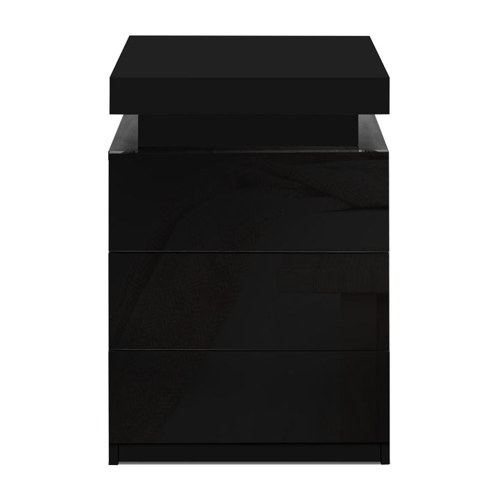 High Gloss 3 Drawer Bedside Table with RGB LED Light & Top Compartment - Gloss Black Homecoze