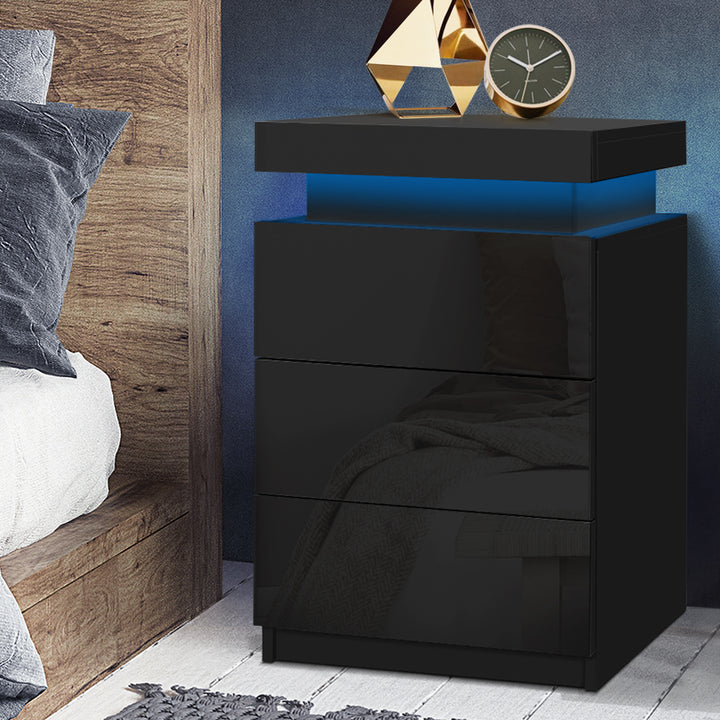 High Gloss 3 Drawer Bedside Table with RGB LED Light & Top Compartment - Gloss Black Homecoze