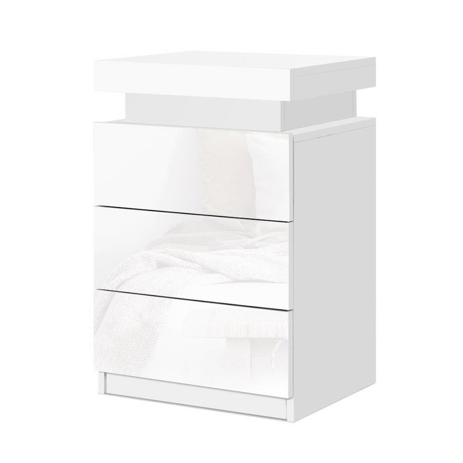 High Gloss 3 Drawer Bedside Table with RGB LED Light & Top Compartment - Gloss White Homecoze
