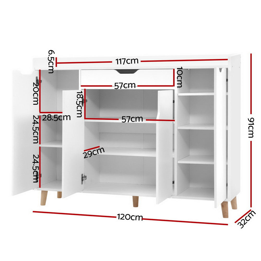 Large Shoe Storage Cabinet Sideboard with Drawer 120cm - White Homecoze