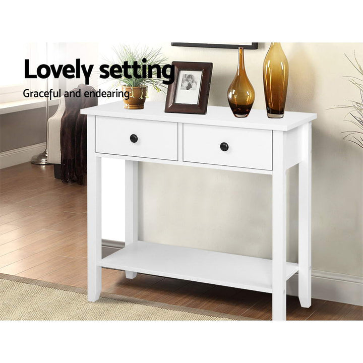 Hallway Console Side Table 2 Drawer - White Homecoze