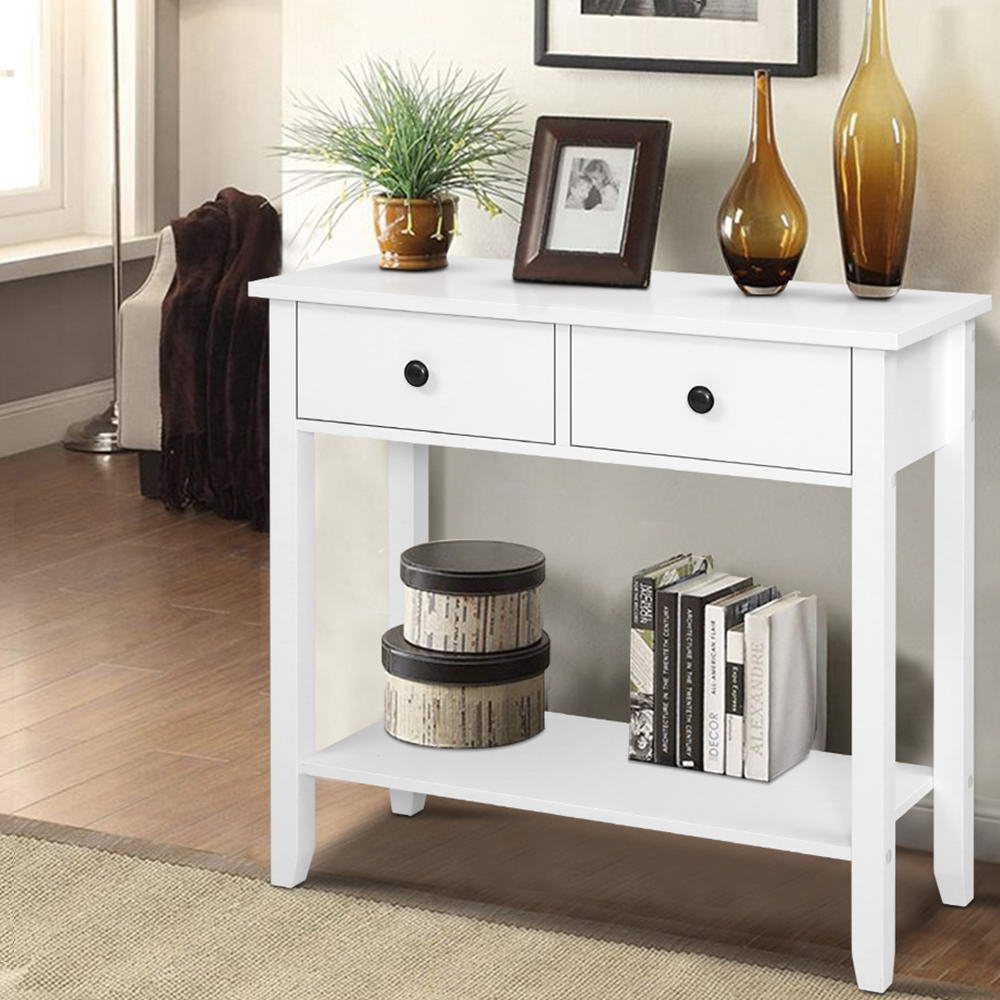 Hallway Console Side Table 2 Drawer - White Homecoze