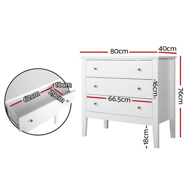 3 Drawer Classic Chest of Drawers Dresser - White Homecoze