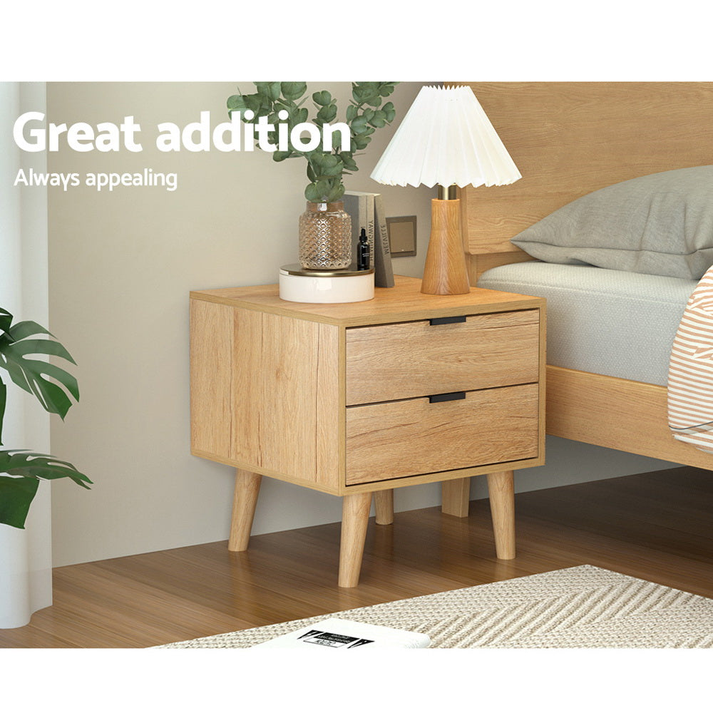 Scandinavian Style Bed Side Table Nightstand with 2 Drawers - Pine Homecoze