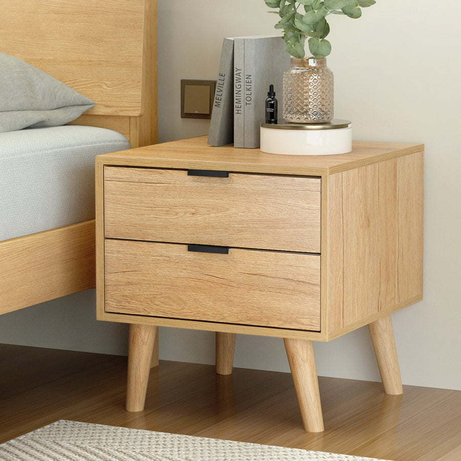 Scandinavian Style Bed Side Table Nightstand with 2 Drawers - Pine Homecoze