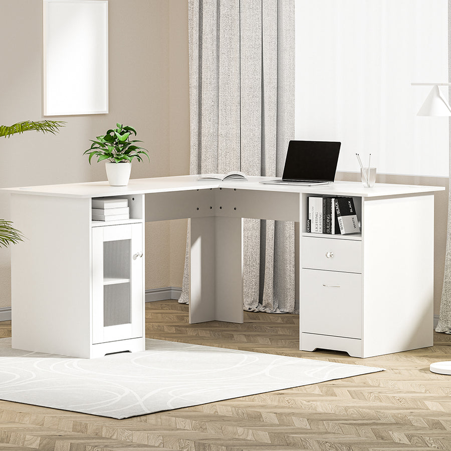 Corner Computer Office Desk L-Shape Study Table with Drawers & Cabinet - White Homecoze