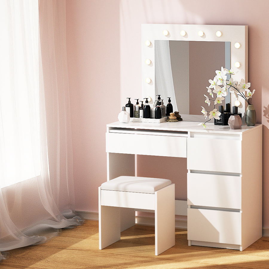 Dressing Table LED Makeup Mirror Stool Set 12 Bulbs Bedroom Vanity Desk White Homecoze