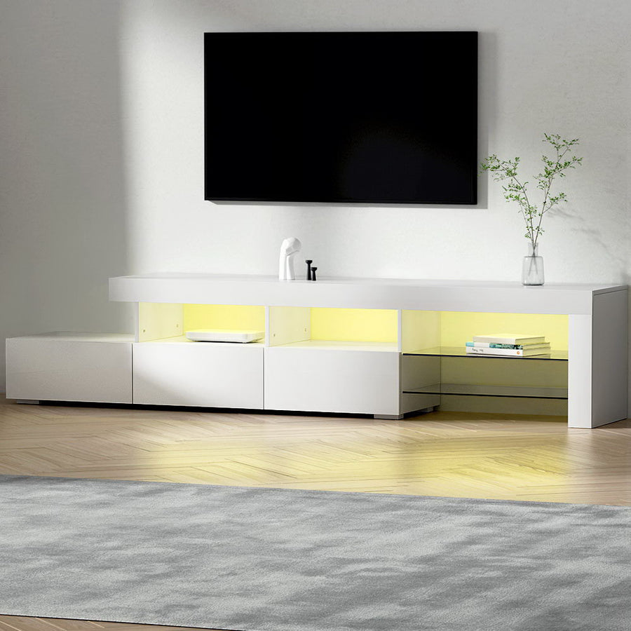 Modern High Gloss TV Cabinet Entertainment Unit with RGB LED 215cm White Homecoze