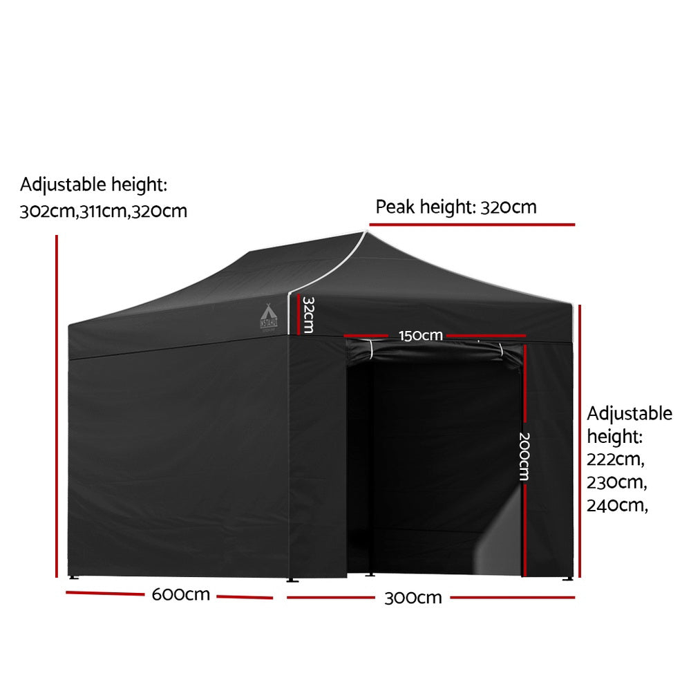 Gazebo Marquee 3x6m with Side Walls Kit Folding Outdoor Canopy Shade Tent - Black - Homecoze