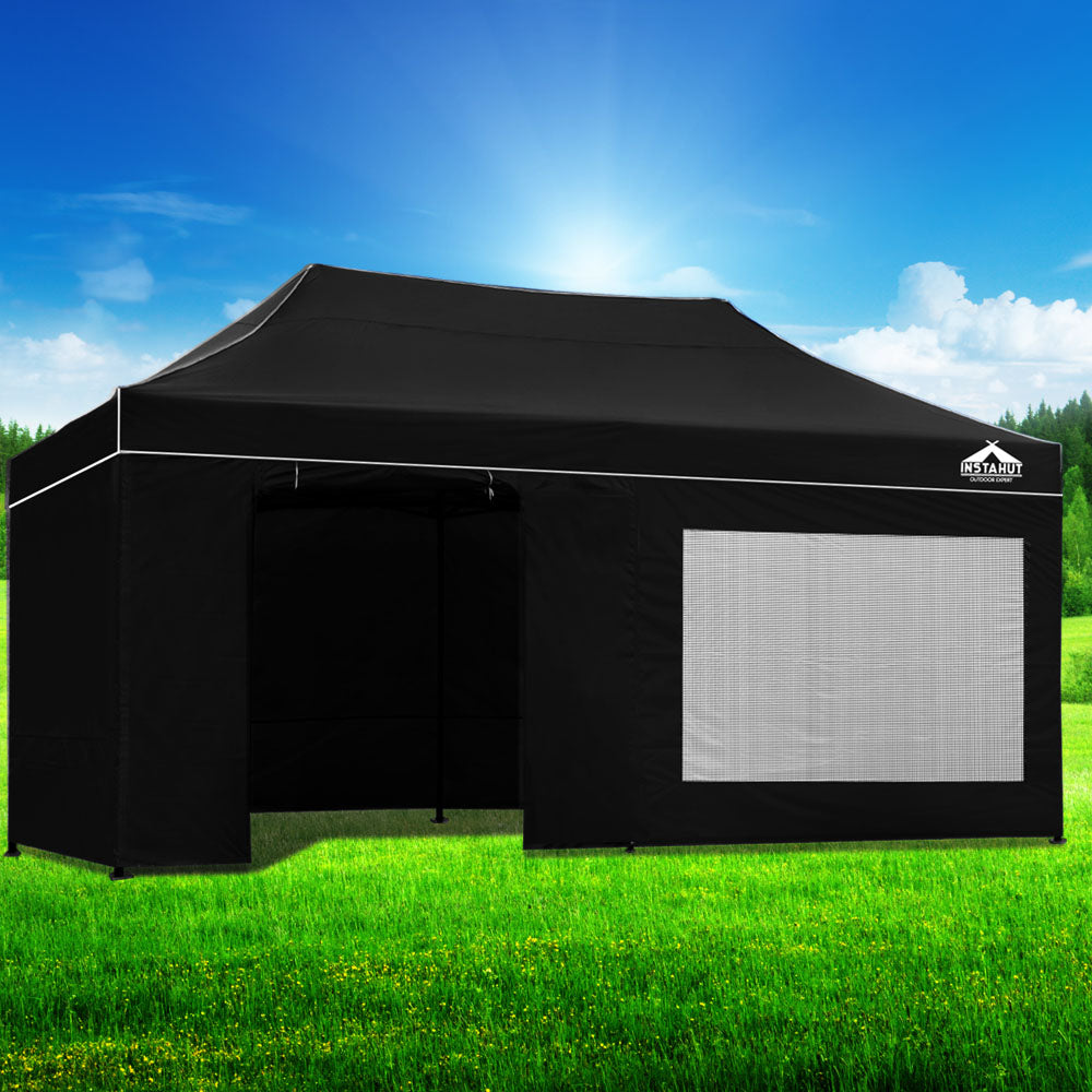 Gazebo Marquee 3x6m with Side Walls Kit Folding Outdoor Canopy Shade Tent - Black - Homecoze