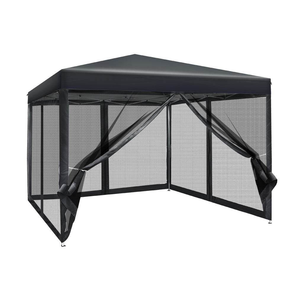 Gazebo Marquee 3x3m with Mesh Walls Folding Outdoor Canopy Shade Tent - Black - Homecoze