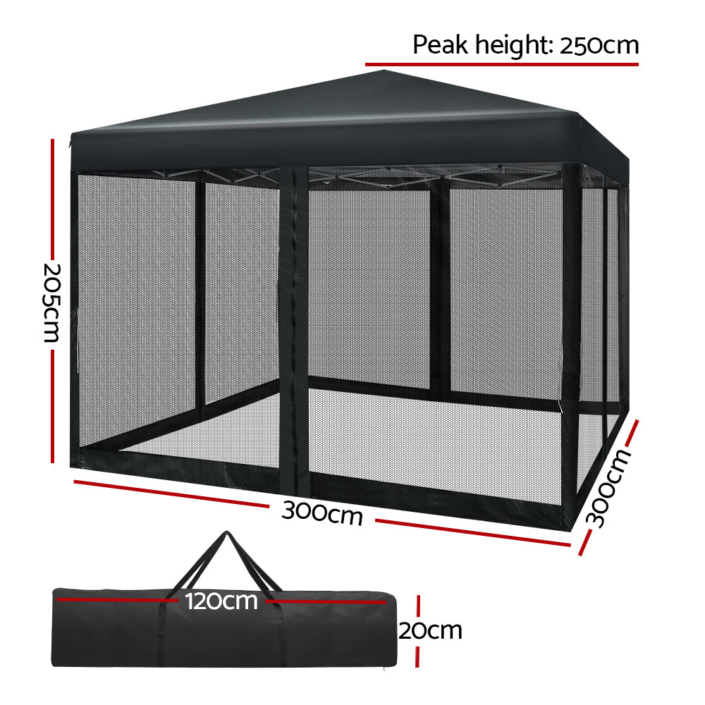 Gazebo Marquee 3x3m with Mesh Walls Folding Outdoor Canopy Shade Tent - Black - Homecoze