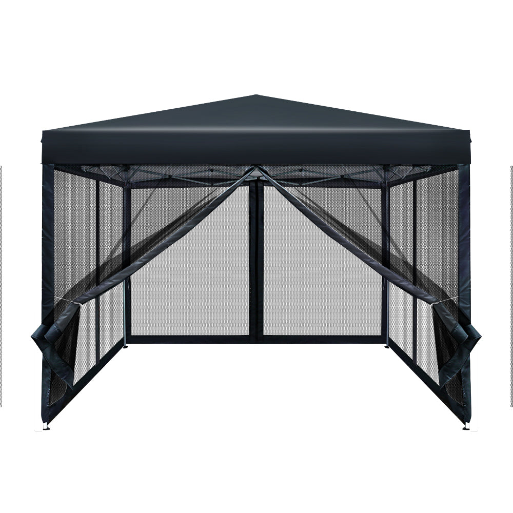 Gazebo Marquee 3x3m with Mesh Walls Folding Outdoor Canopy Shade Tent - Black - Homecoze