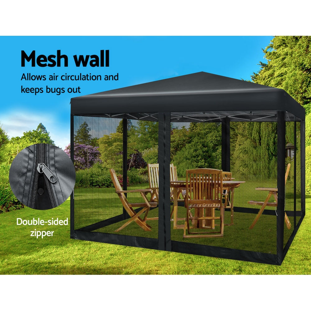 Gazebo Marquee 3x3m with Mesh Walls Folding Outdoor Canopy Shade Tent - Black - Homecoze