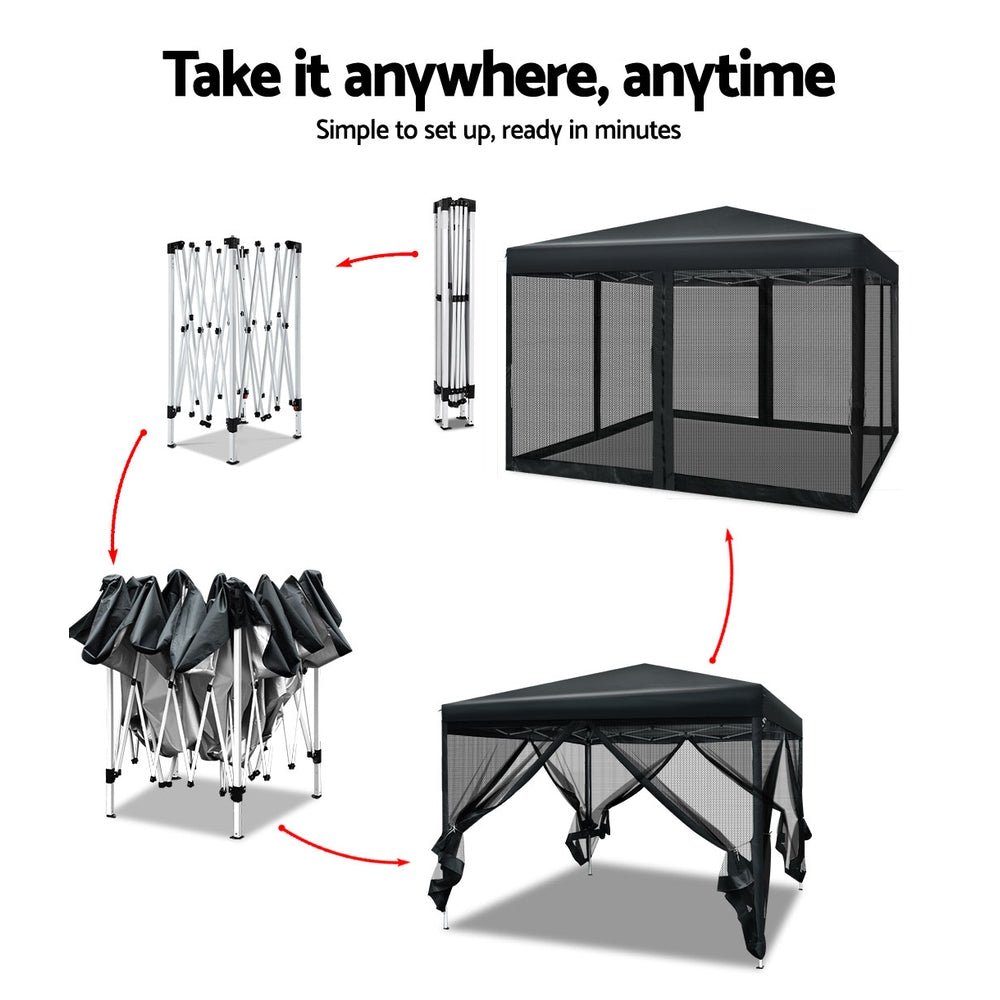 Gazebo Marquee 3x3m with Mesh Walls Folding Outdoor Canopy Shade Tent - Black - Homecoze