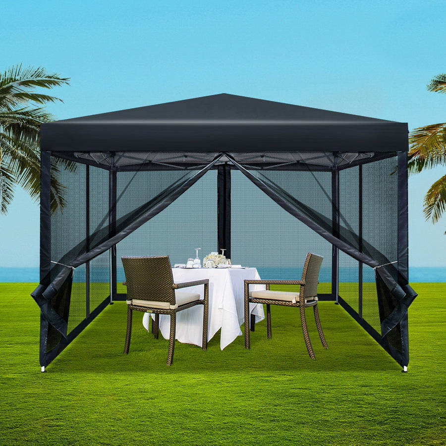Gazebo Marquee 3x3m with Mesh Walls Folding Outdoor Canopy Shade Tent - Black - Homecoze